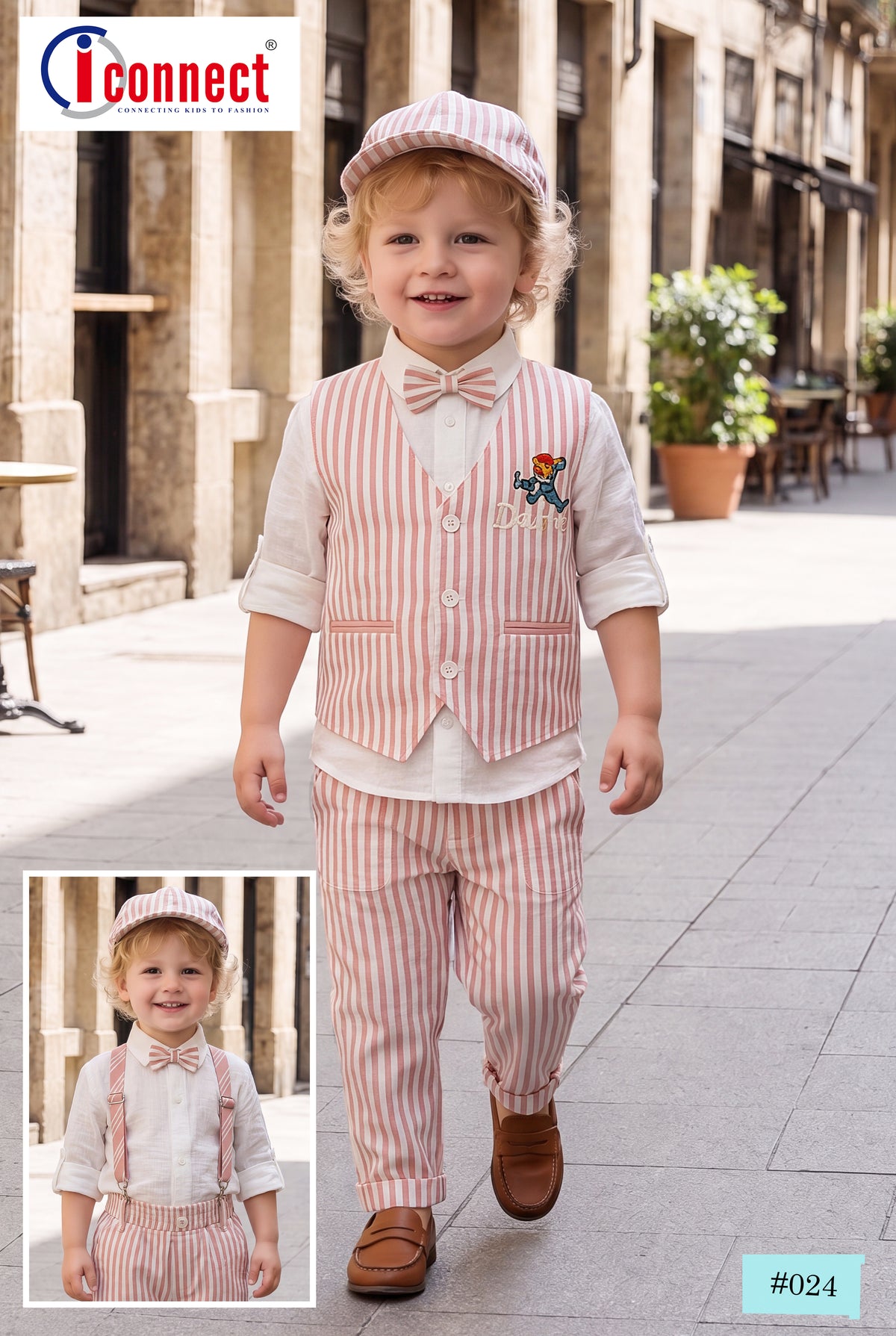 Boys Stripes Pink Color Waist Coat Set