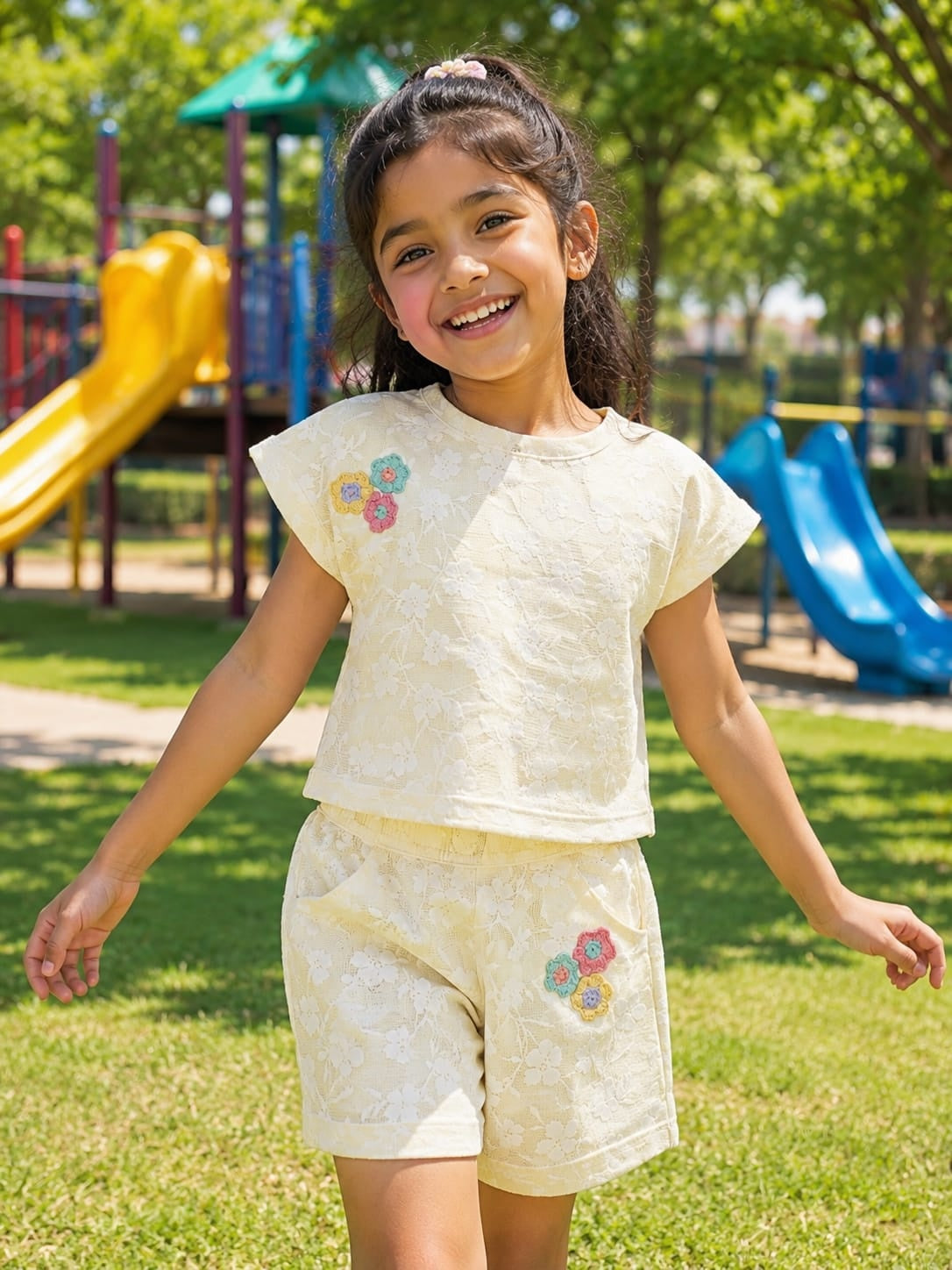 Girls Jacqard Cream Color Self Print Co-ord Set