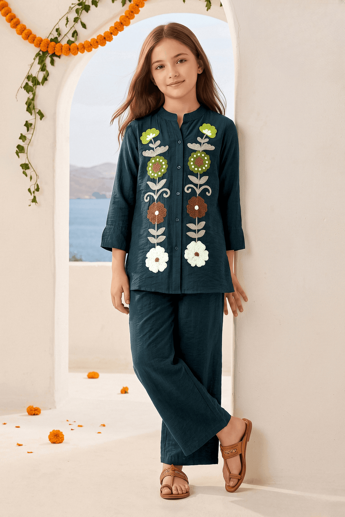 Girls Casual Cotton with Embroidery Kurti Set