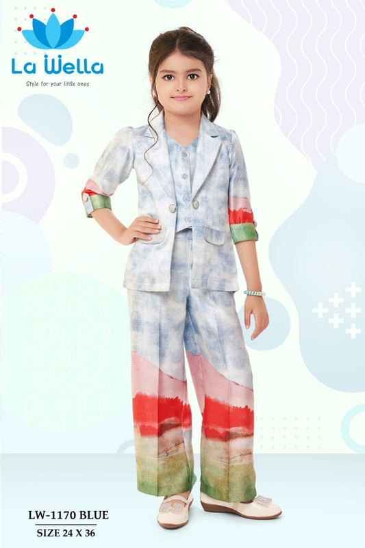 Girls Sky Blue Color 3 Piece Co-ord Set