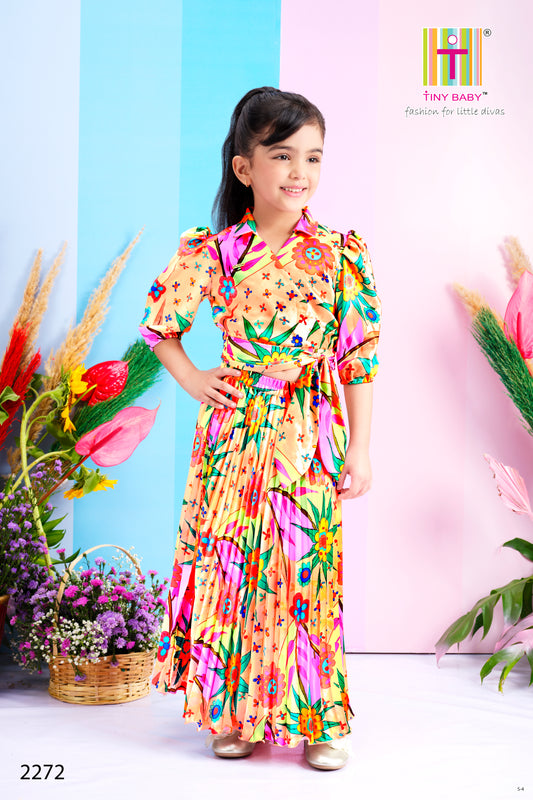 Girls Printed Satin Long Skirt-Top