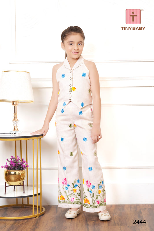 Girls Cream Color Cotten Pant Set