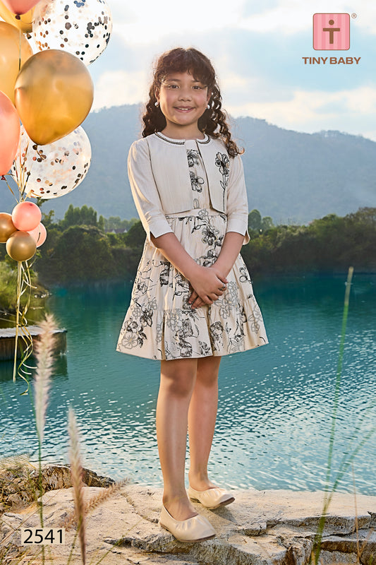 Girls Cream Color Printed Frock with Jacket