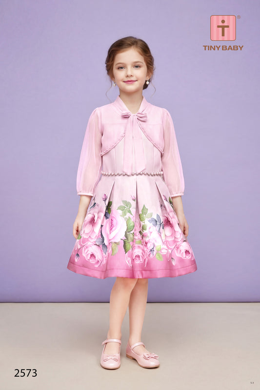 Girls Pink Color Tissue Printed Frock