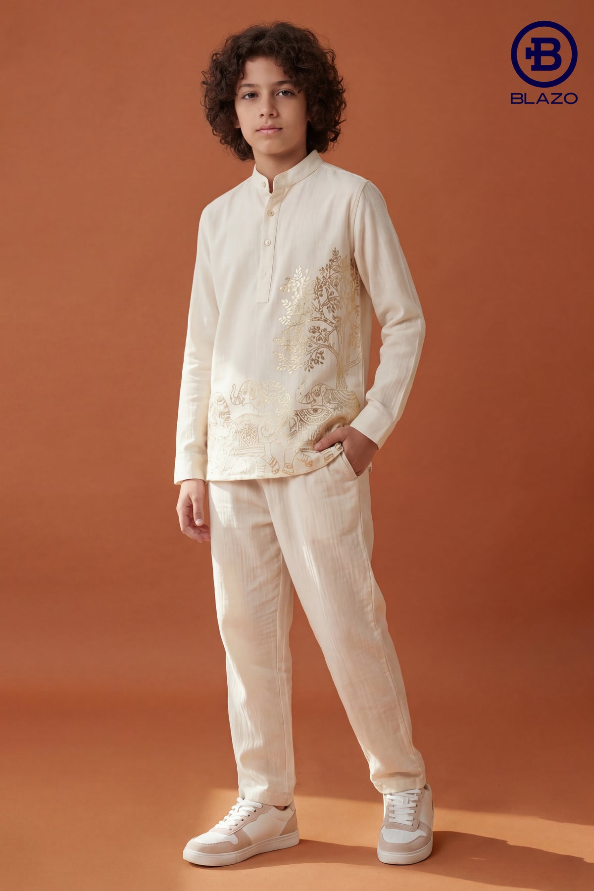Boys Golden Emboss Printed Short Kurta Shirt