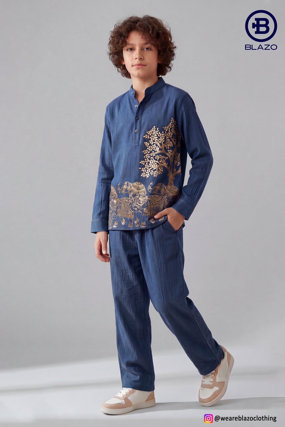 Boys Golden Emboss Printed Short Kurta Shirt