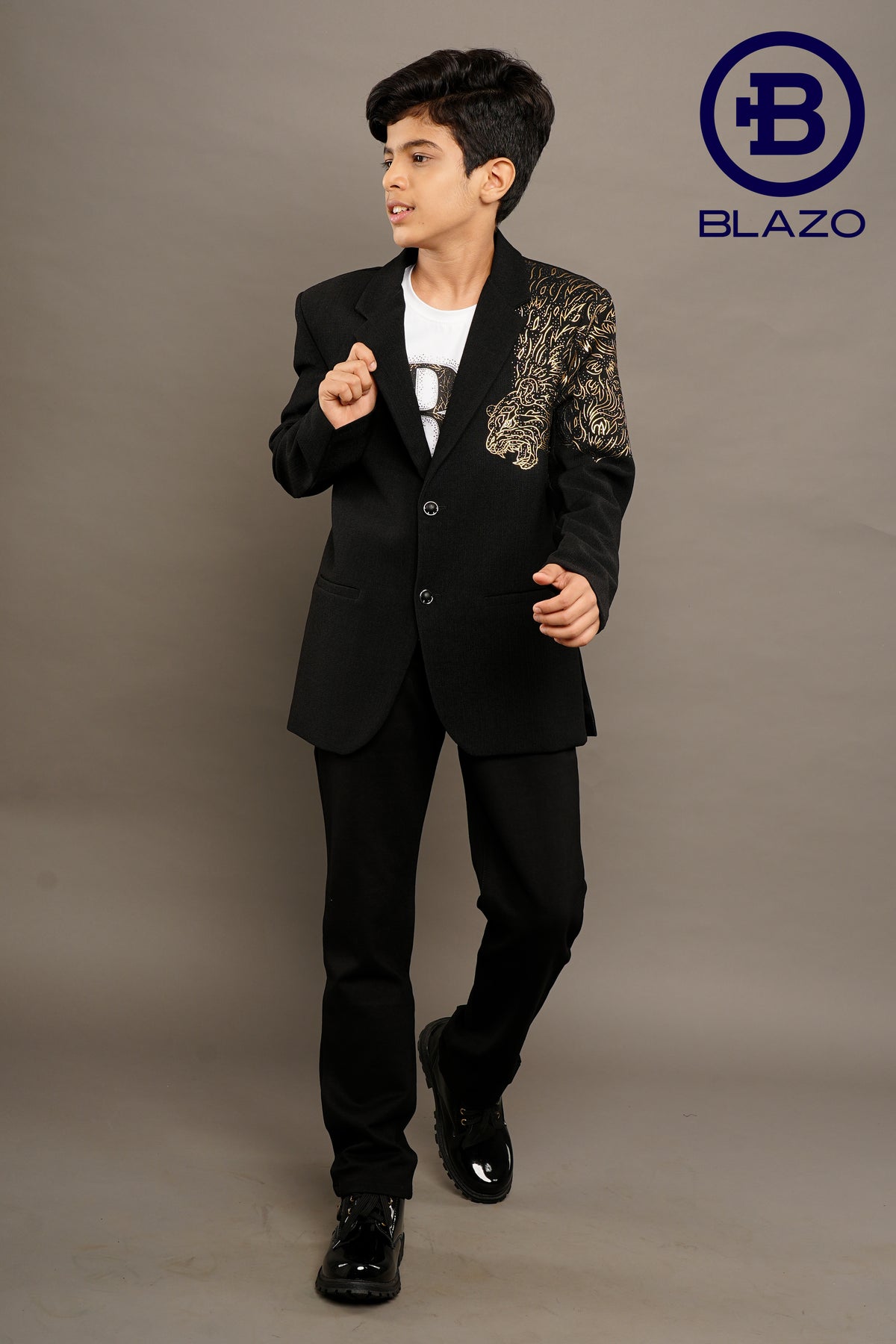 Boys Party Wear Blazer with Embossed Tiger Print