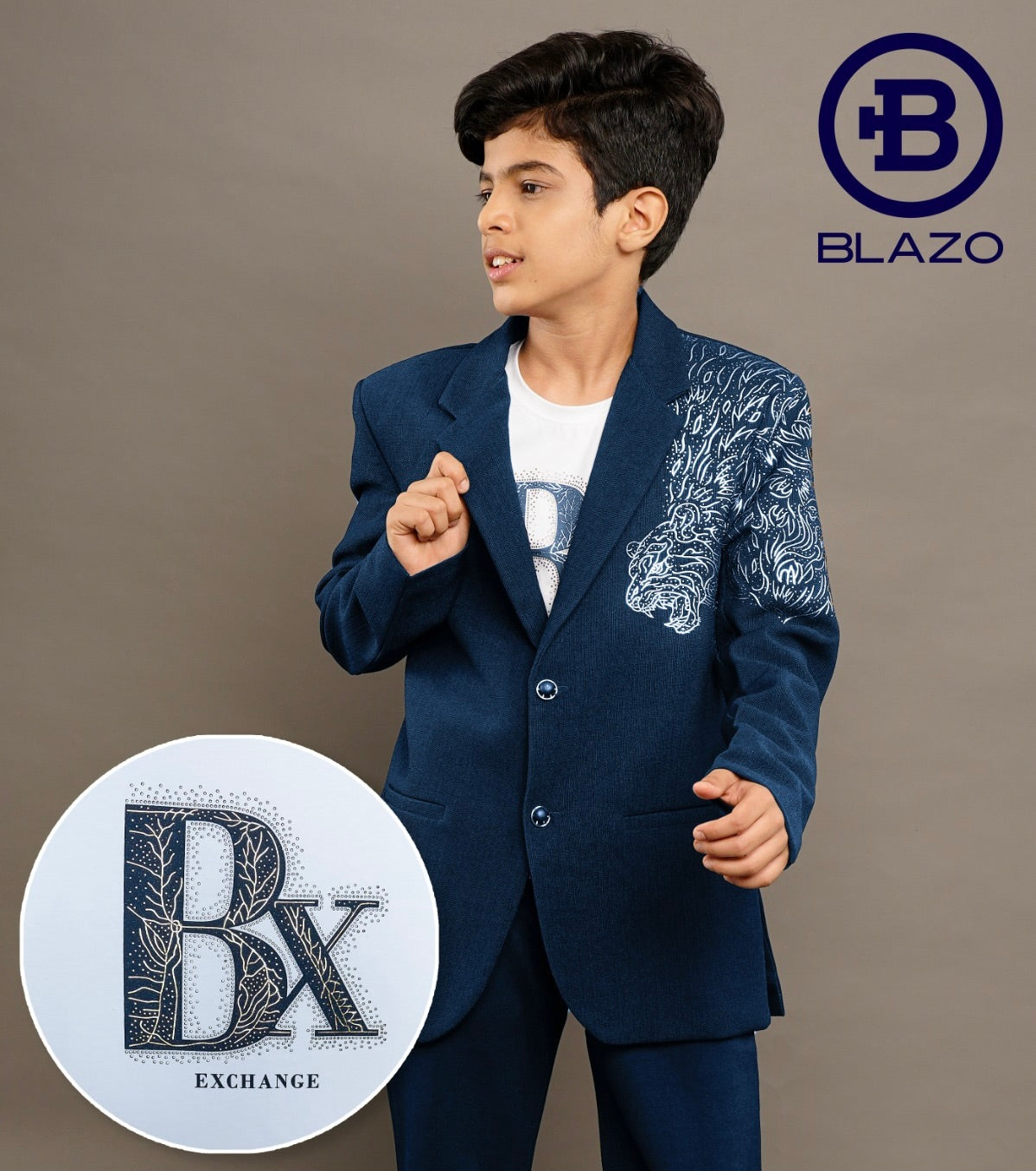 Boys Party Wear Blazer with Embossed Tiger Print