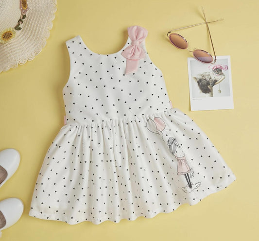 Girls Casual Cream Color Printed Frock