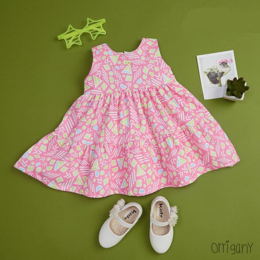 Girls Casual Printed Pink Frock