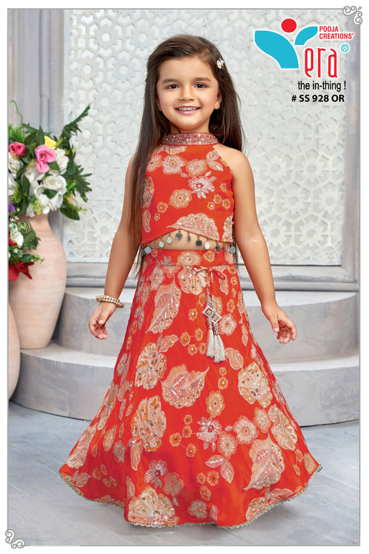 Girls Sequence Work + Print Choli Set