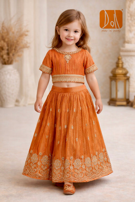 Girls Orange Tissue Silk Choli Set