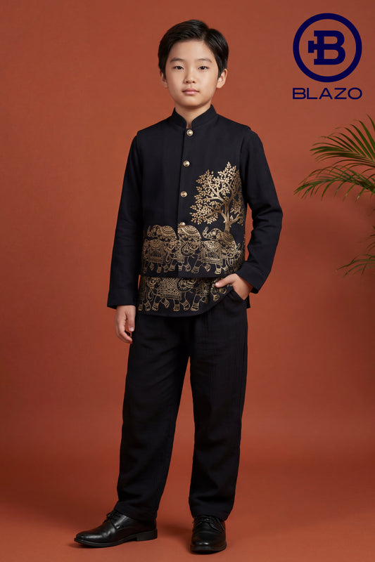 Boys Muslin Golden Emboss Print Waist Coat Set (Short Kurta + Waist Coat)