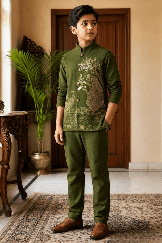 Boys Muslin Golden Emboss Peacock Print Waist Coat Set (Short Kurta + Waist Coat)