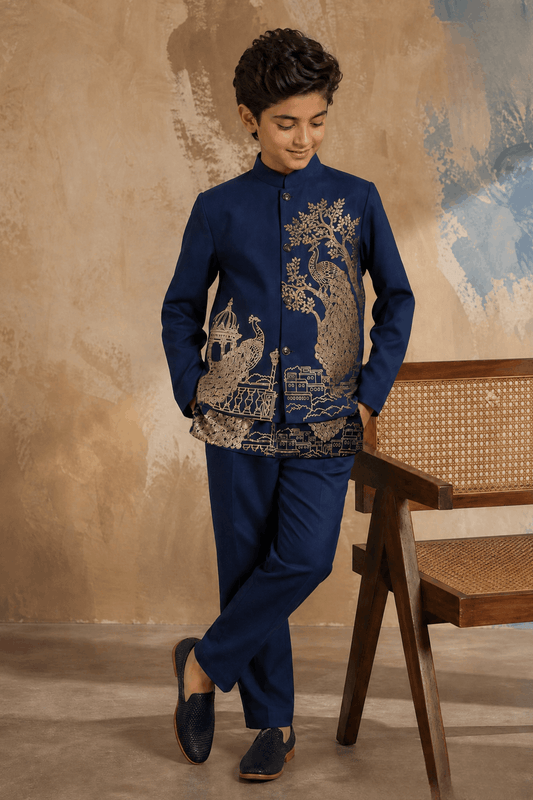 Boys Muslin Golden Emboss Peacock Print Waist Coat Set (Short Kurta + Waist Coat)