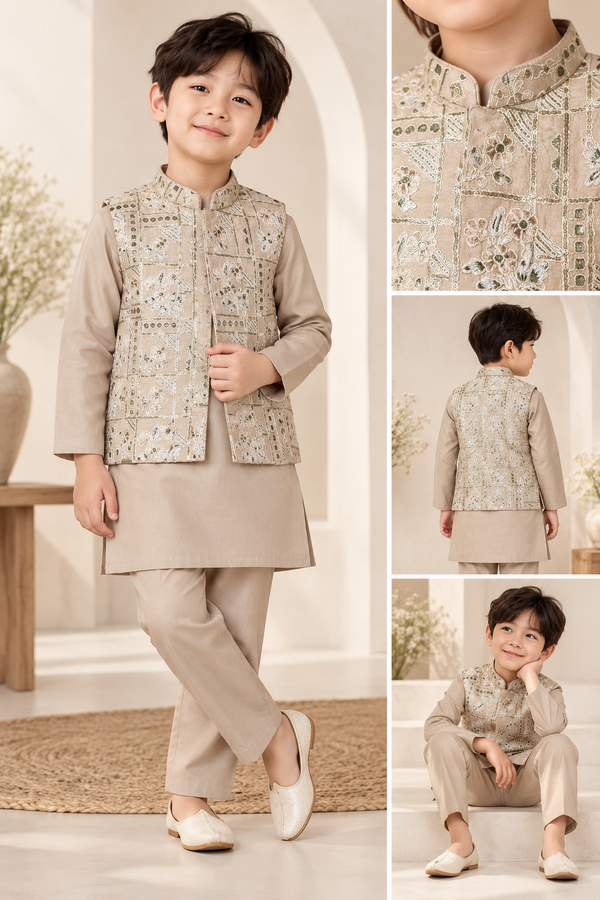 Boys Heavy Embroidery Jacket Kurta Suit