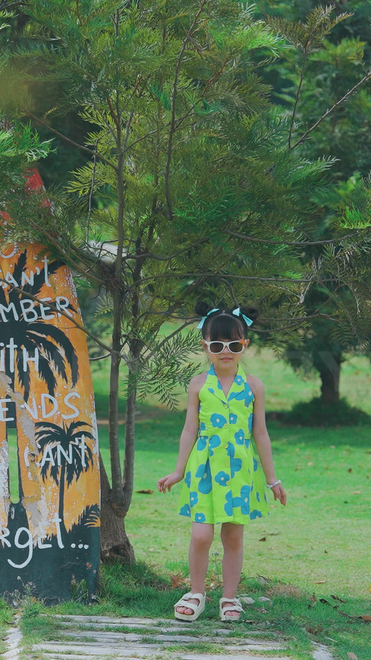 Girls Neon Green Color Sleeveless Frock